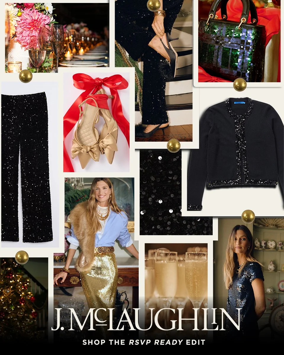 Collage of holiday party fashion and decor including dresses, shoes, handbags, and champagne, with the text 'J. McLaughlin' and 'Shop the RSVP Ready Edit'.