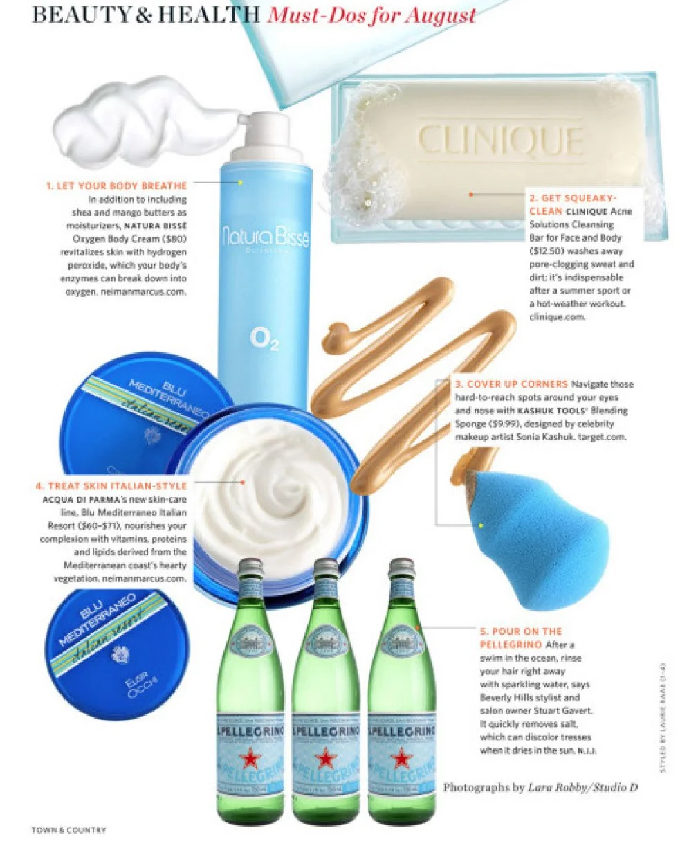 A beauty and health magazine feature titled 'Must-Dos for August' displaying skincare and wellness products, including a blue hydrating body cream, a bar of Clinique cleansing soap, a makeup sponge, a jar of white cream, three bottles of San Pellegri