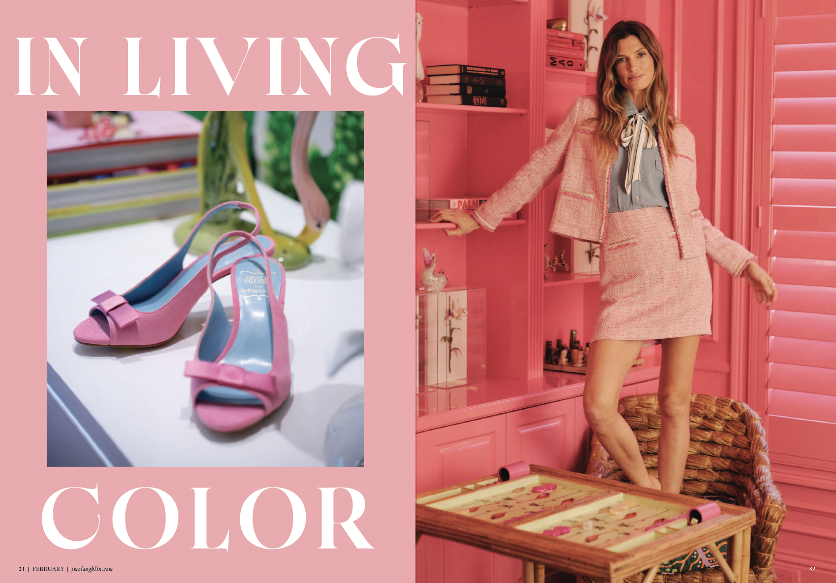 Page from a magazine with pink background. Left side features a close-up of pink and blue high-heeled sandals with bows, with blurred colorful objects in the background. Right side shows a woman in a pink tweed skirt suit with a bow-tied blouse, stan