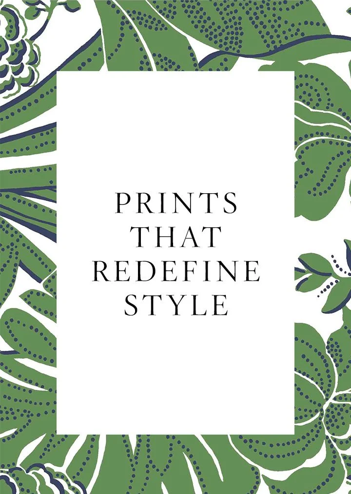 A book cover with a white rectangle in the center containing the text 'PRINTS THAT REDEFINE STYLE' in black capital letters, surrounded by a decorative border of green leaves with dark blue dotted accents.