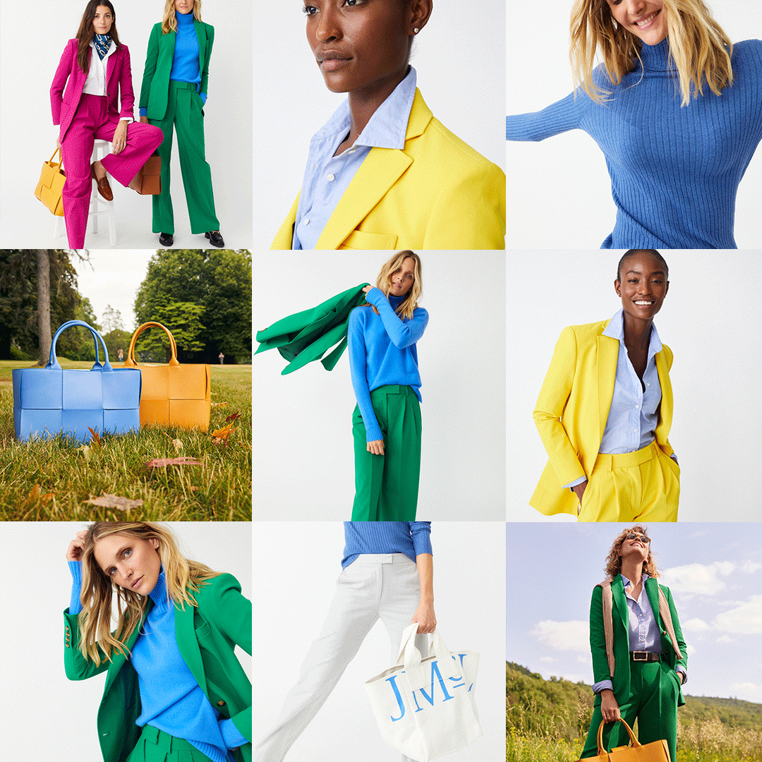 Collage of women wearing colorful business suits and sweaters in blue, yellow, pink, and green, with handbags and accessories, styled in modern professional fashion, some outdoor and some studio settings.
