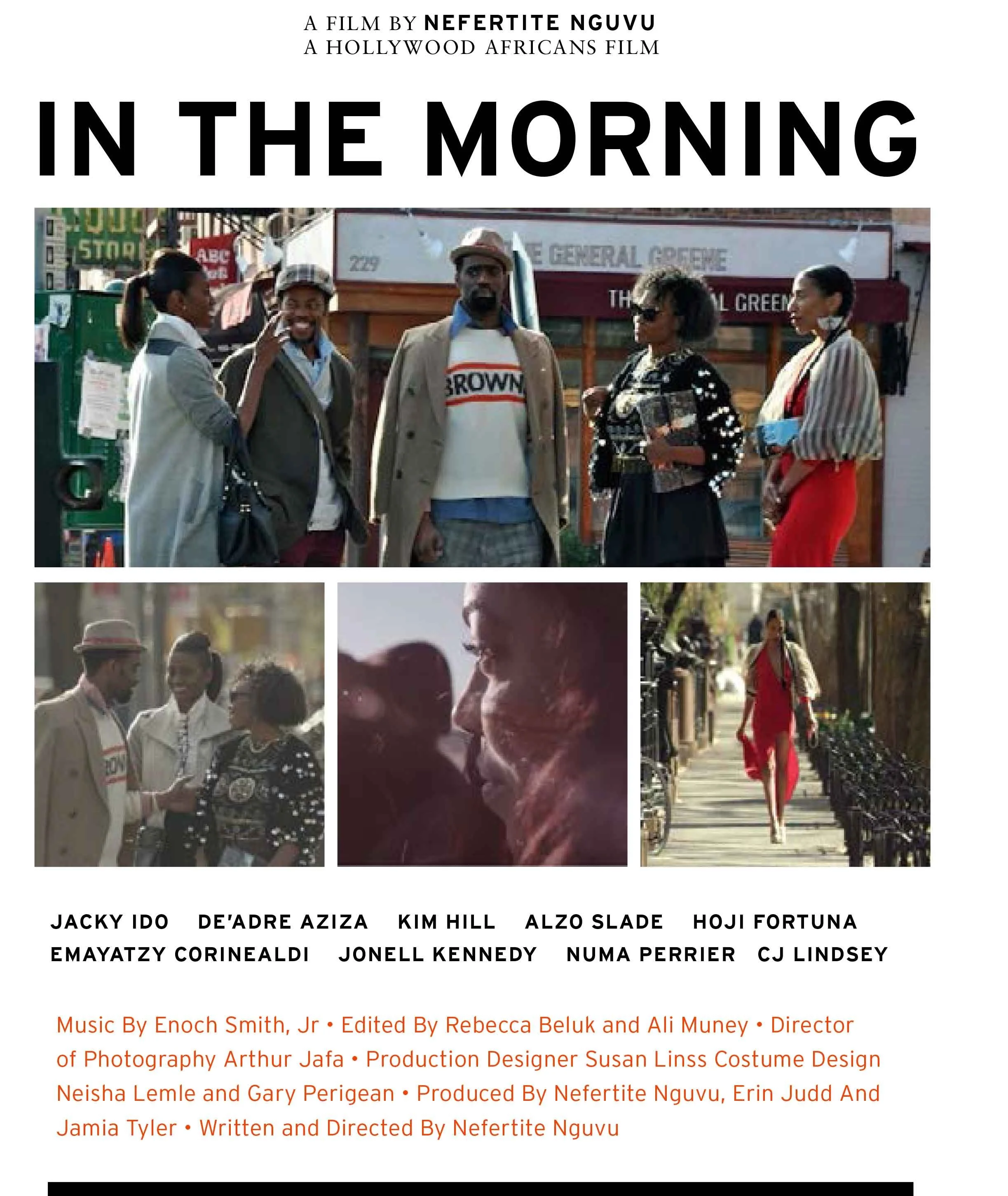 Title page of the film 'In the Morning' by Nefertite Nguvu, featuring photos of diverse people in an urban setting, with names of cast and crew listed.