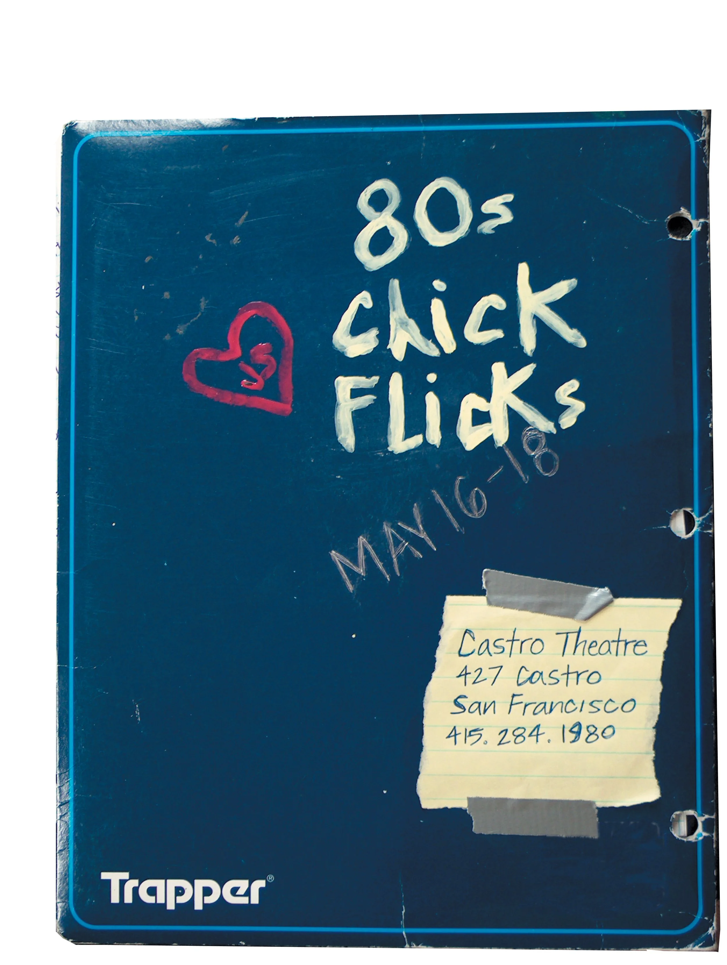 Blue chalkboard with handwritten text advertising '80s click flicks' event on May 16-18, featuring a red heart and a note with location details for Castro Theatre in San Francisco.