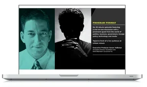 A computer screen displaying a presentation slide with a professional headshot of a man in a suit on the left and a silhouette of a person facing away on the right, along with text about a program format.