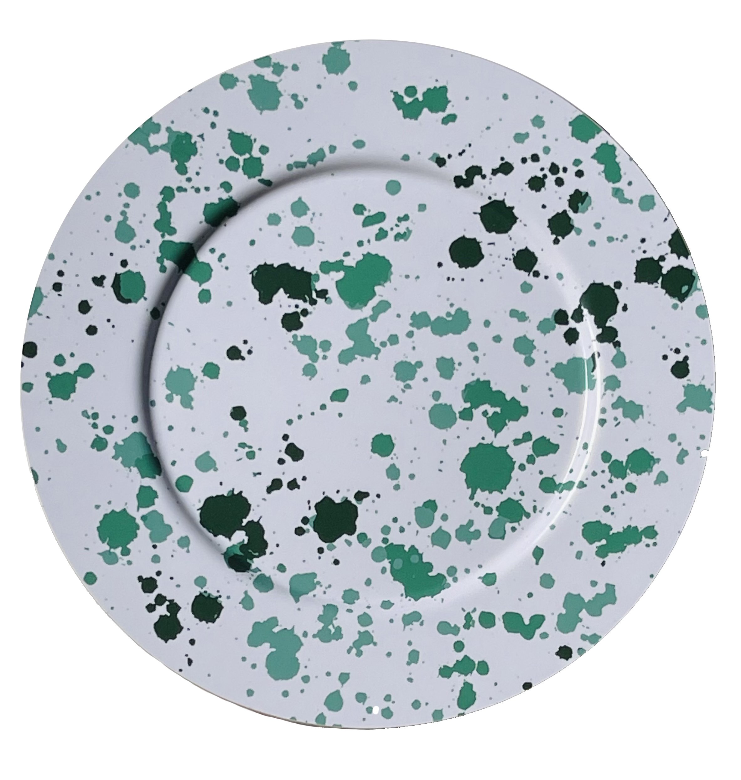 A round white plate with green and dark teal paint splatters in an abstract pattern.