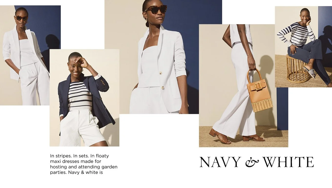 Collage of five women modeling navy and white striped clothing and white outfits, holding wicker bags, wearing sunglasses, and sitting on wicker chairs, promoting summer fashion for garden parties.