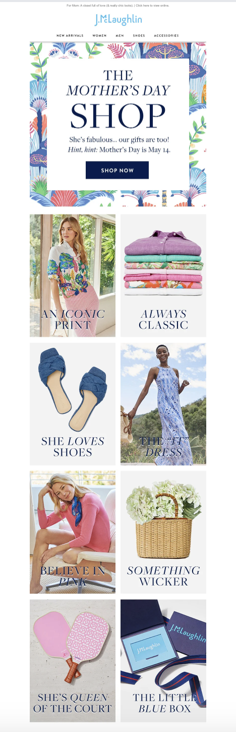 Mother's Day shopping advertisement featuring categories: New Arrivals, Women, Men, Shoes, Accessories. Highlights include fashionable clothing, shoes, flowers, and gifts with text indicating Mother's Day is May 14.