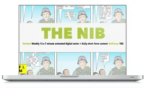 The comic strip titled 'THE NIB' with a weekly 13 x 7-minute animated digital series advertised on a laptop screen.
