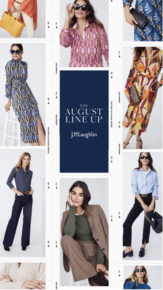 Fashion models showcase August clothing collection by J. McLaughlin, featuring patterned dresses, blouses, and suits with accessories like sunglasses, handbags, and belts.