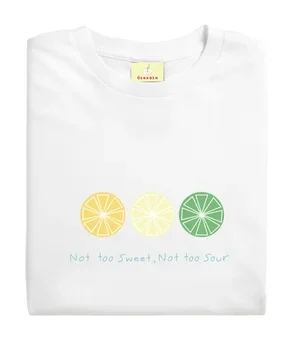 White T-shirt with three citrus slices and the text 'Not too Sweet, Not too Sour' underneath.