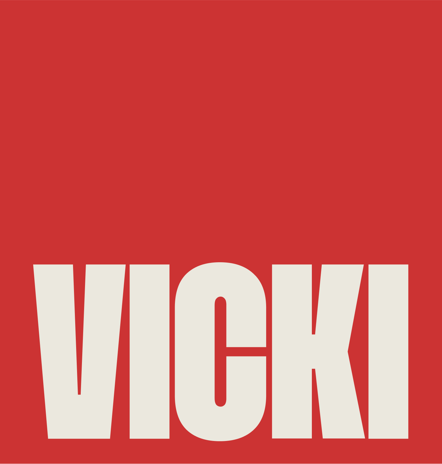 Red background with the word "VICKI" in large white letters at the bottom.