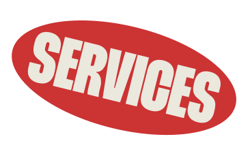 Red oval sign with the word 'SERVICES' in large white letters.