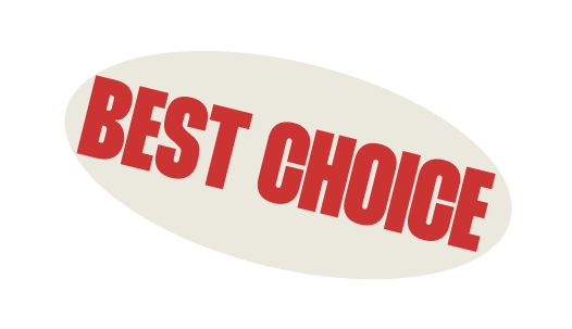Logo with the words 'BEST CHOICE' in bold red letters inside an oval-shaped background