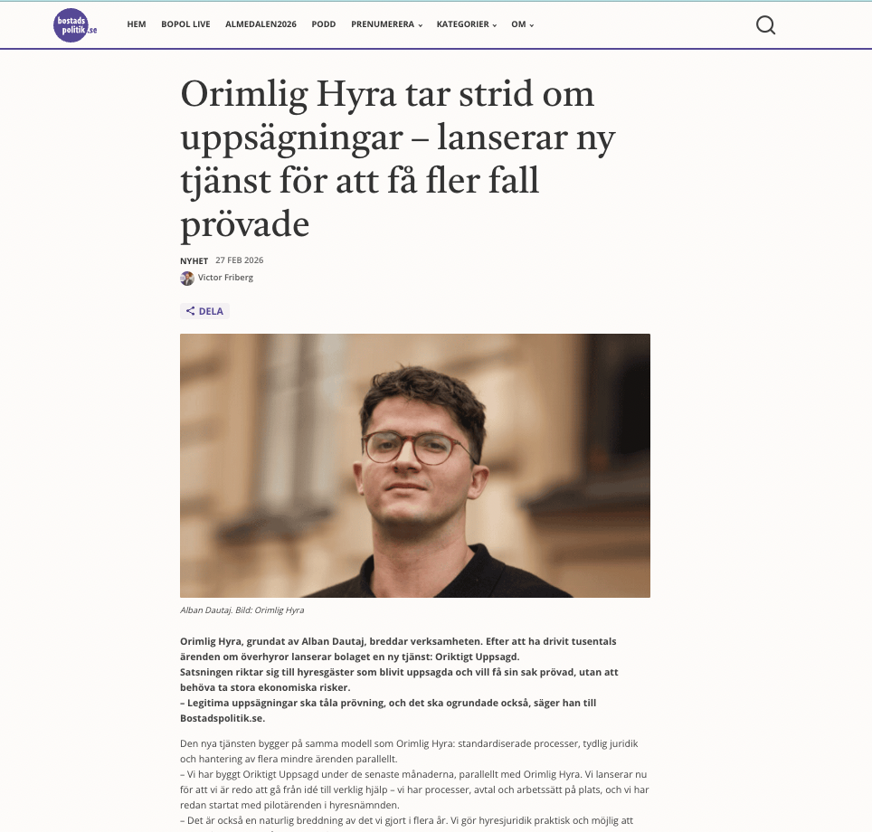 Oriktigt Uppsagd uppmärksammas i Bostadspolitik.se