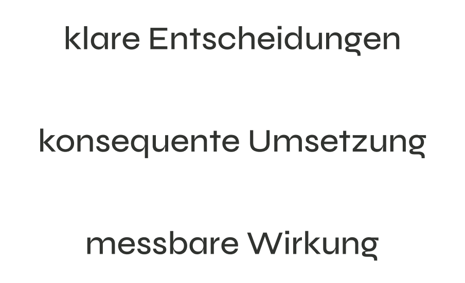 Diagramm mit drei Ebenen, die die Beziehung zwischen klaren Entscheidungen, konsequenter Umsetzung und messbarer Wirkung darstellen.