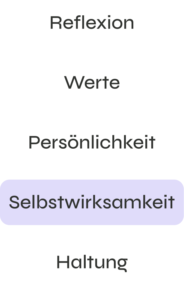 Diagramm mit Begriffen in Boxen: Reflexion, Werte, Persönlichkeit, Selbstwirksamkeit, Haltung. Der Begriff "Selbstwirksamkeit" ist hervorgehoben.