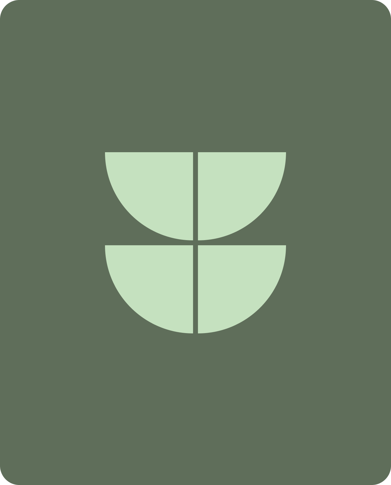 Grafik mit vier halbkreisförmigen Formen in hellgrün auf dunklem grünem Hintergrund, symmetrisch angeordnet.