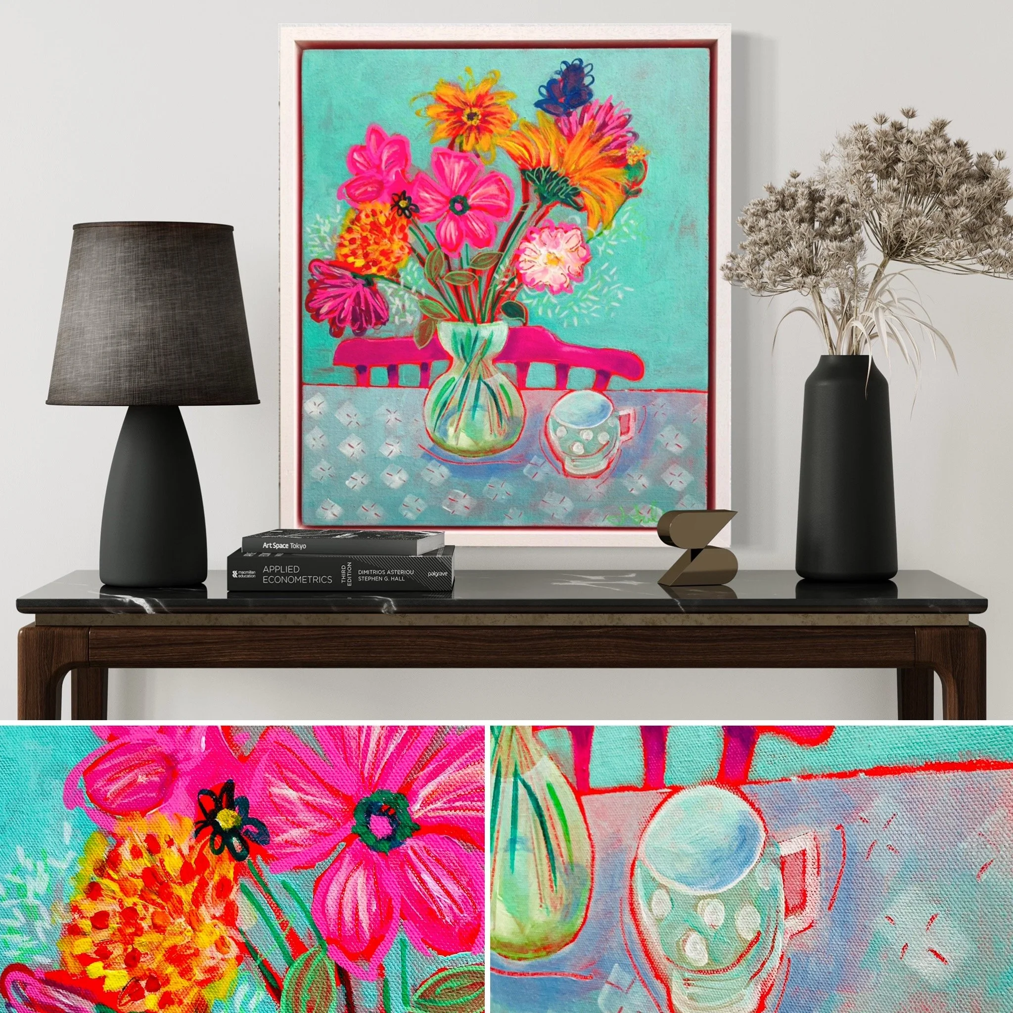 Colorful abstract painting of a flower bouquet in a glass vase on a table.