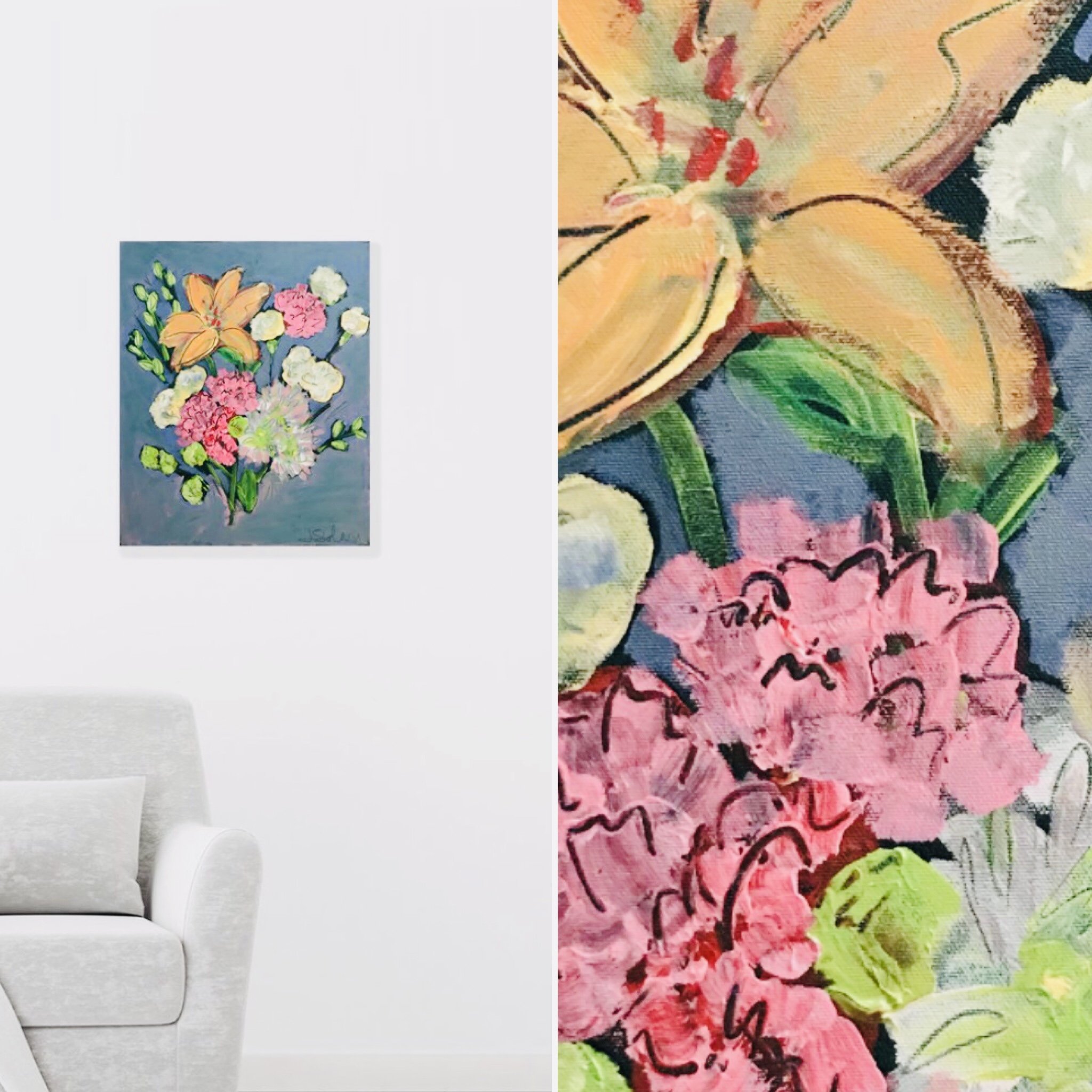 Close-up of a colorful floral painting with pink, orange, and yellow flowers and green leaves.