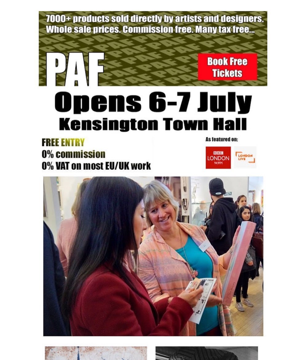 Poster advertising an art fair opening on July 6-7 at Kensington Town Hall with free entry, no commission or VAT on EU/UK work, featuring BBC London and London Live. The poster shows a woman with short blond hair smiling while showing art to a woman with long black hair in a red jacket, inside an event with multiple people.