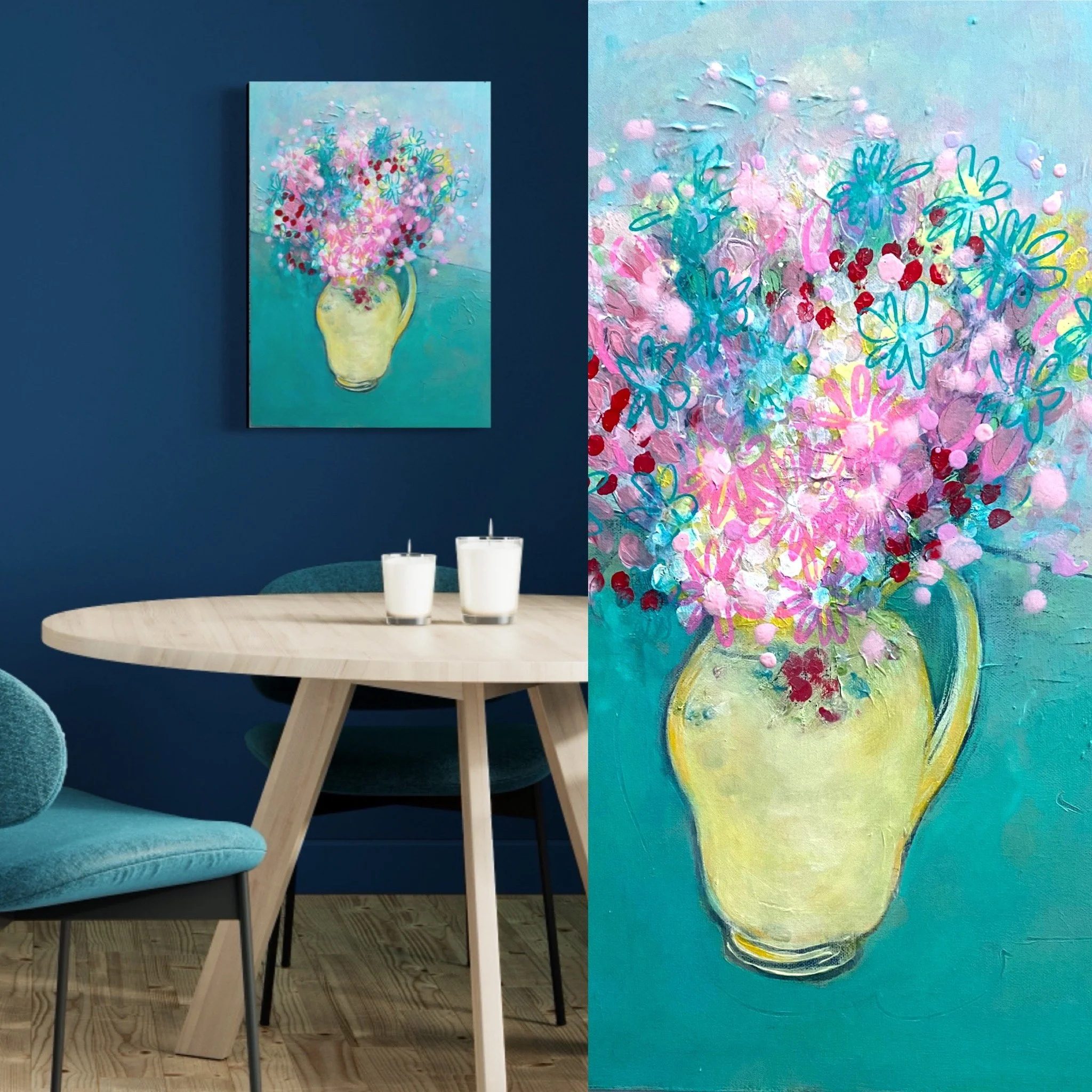 Contemporary room with dark blue wall art featuring a floral vase painting, a light wood table with two white candles, and teal velvet chairs