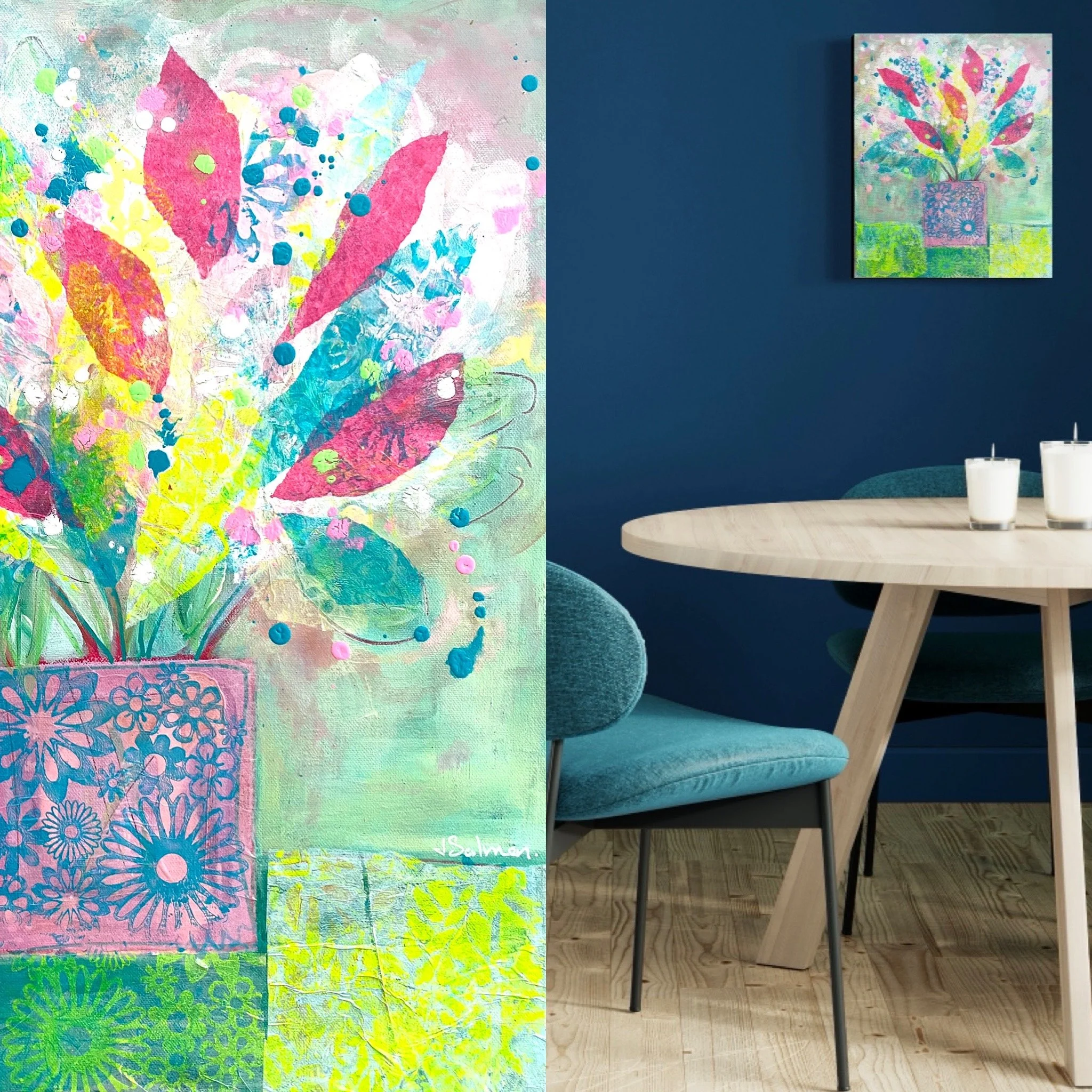 Side-by-side view of a colorful abstract floral painting and a modern dining room with a blue wall, a light wood round table, teal chairs, and a smaller painting of a floral vase hanging on the wall.