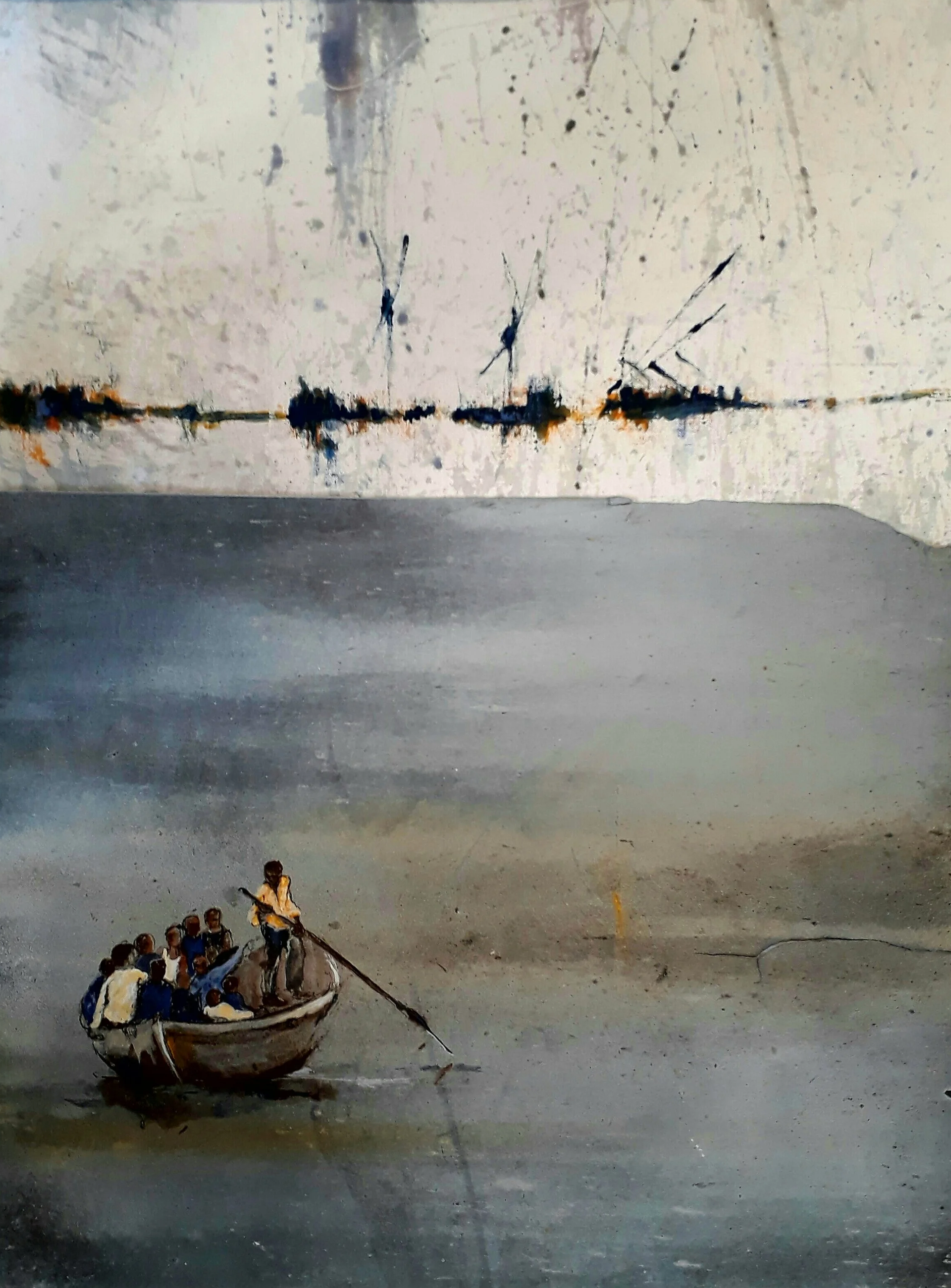  Agnès Vandermarcq, D’une rive à l’autre, tempera sur zinc et toile, 59 x 74 cm, 2017 