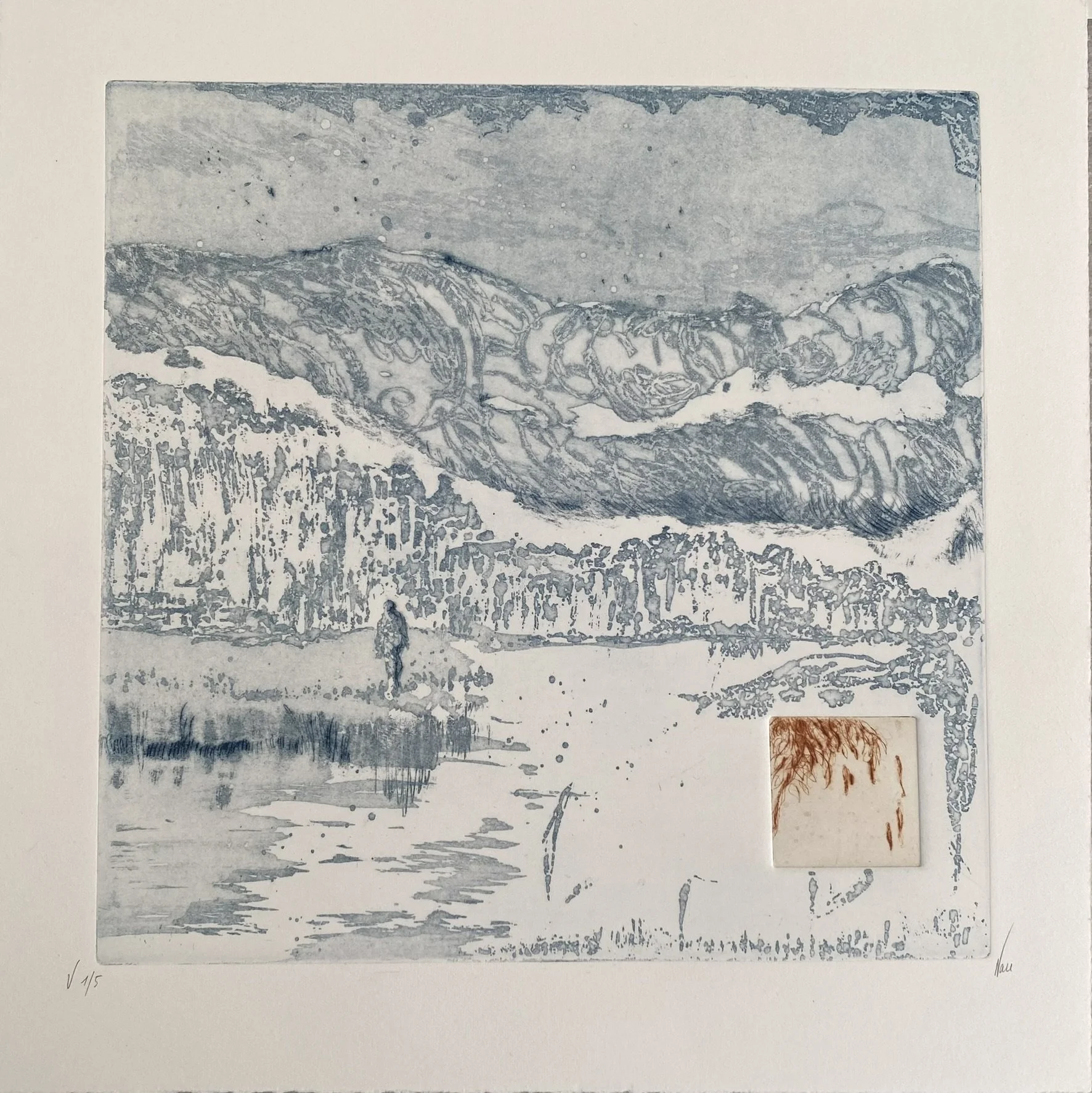  Agnès Vandermarcq, Silhouette plus plaque carrée palmier et personnage, pointe sèche et eau-forte, 30 x 30 cm, 2025 