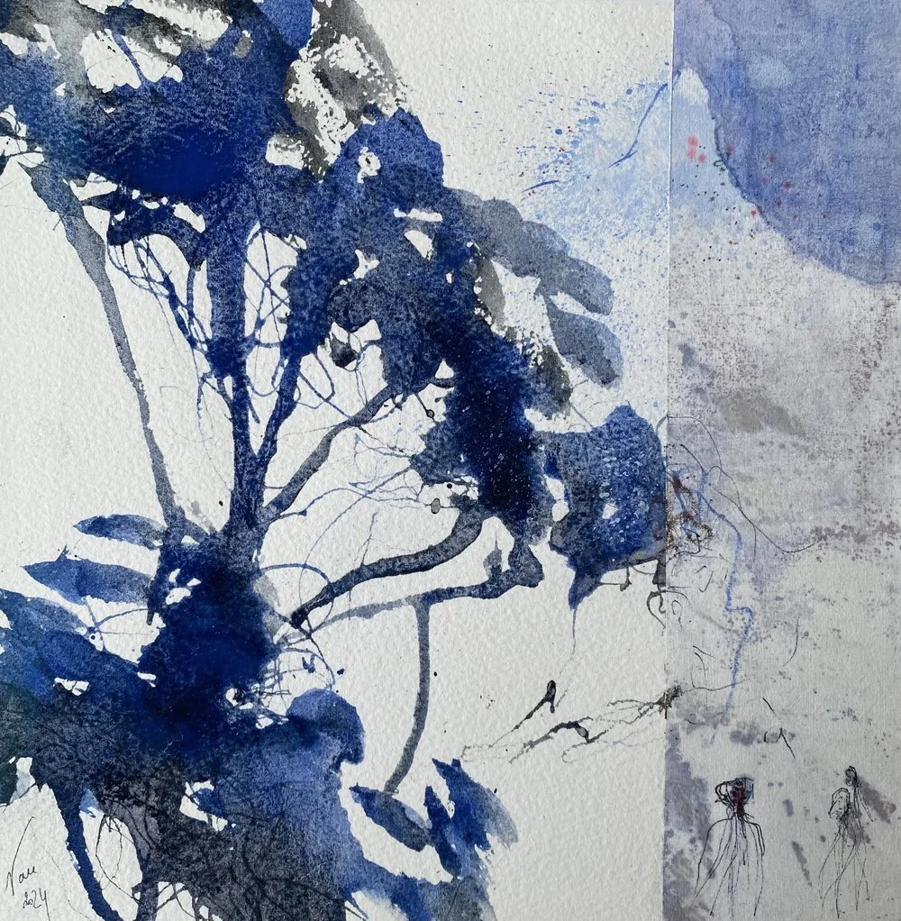  Agnès Vandermarcq, En écoutant Satie, tempera sur drap et papier, 25 x 25 cm, s.d. 