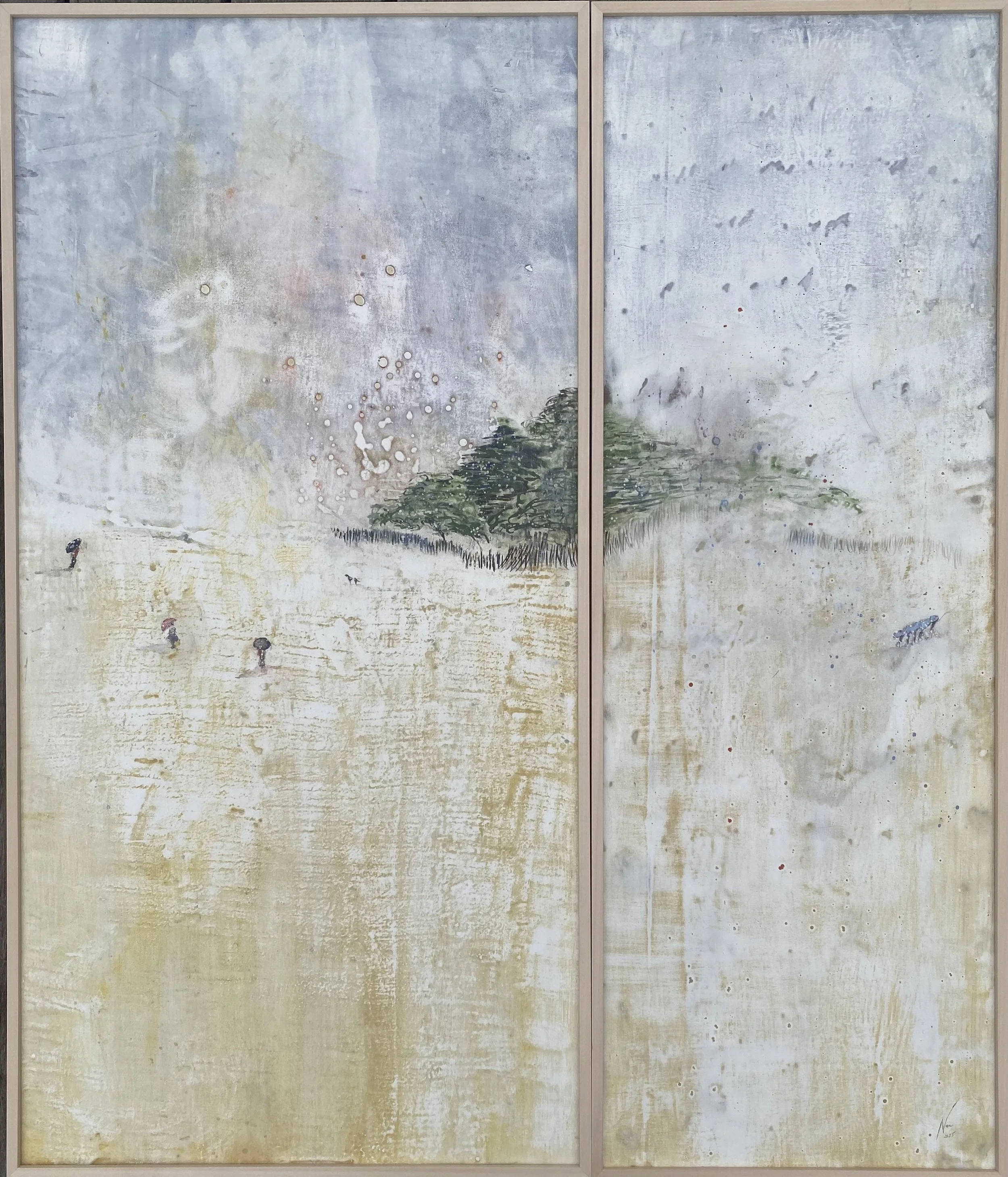  Agnès Vandermarcq, Une si jolie promenade, mémoire Miyajima, tempera sur bois cirée, diptyque, 50 x 100 cm et 35 x 100 cm, 2025 