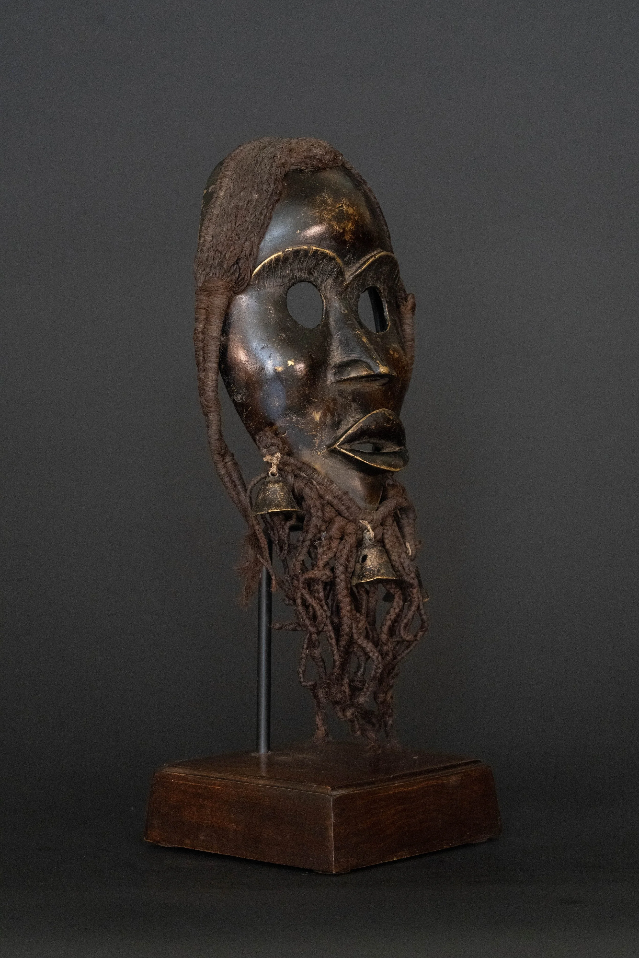 Dan Gle Metal Mask with Braided Hair, Beard  & Bells, Liberia / Côte d’Ivoire