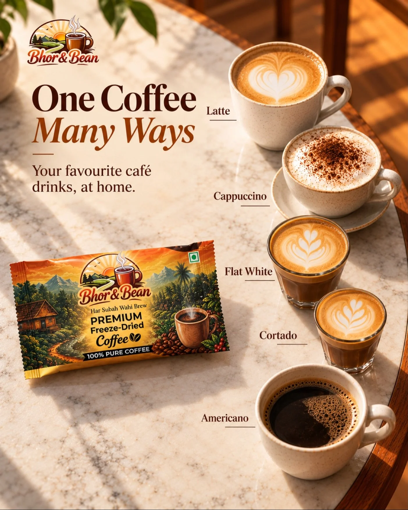 One Coffee. Endless Possibilities. ☕🤎

From a creamy Latte to a bold Americano, your favourite caf&eacute;-style moments are now closer than ever.

One sachet. Five ways to indulge. All from the comfort of home.

Bhor &amp; Bean &mdash; Your Coffee,