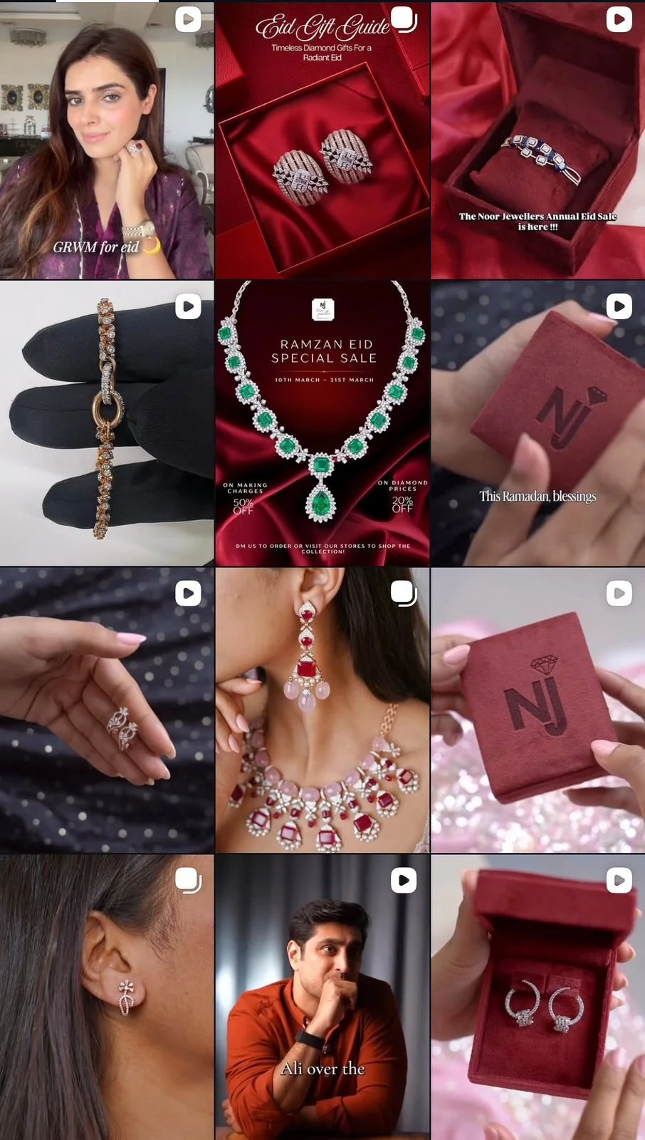 A collage of images featuring jewelry and gift items for Eid and Ramadan, including diamond earrings, necklaces, rings, and jewelry boxes, with models showcasing some of the jewelry pieces and promotional sale information.