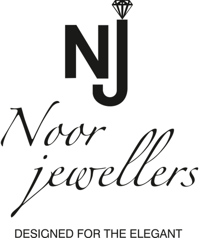 Logo for Noor Jewellers featuring a diamond icon above the initials NJ and the text 'Noor Jewellers' in cursive, with the tagline 'Designed for the Elegant' underneath.