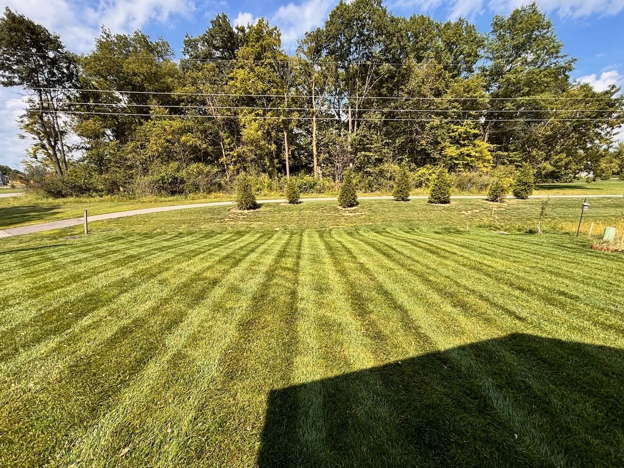 A well-maintained grassy lawn with stripes, small trees, and a dense wooded area in the background under a partly cloudy sky.