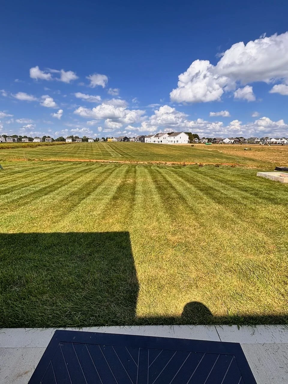 View of a well-maintained grassy backyard under a bright blue sky with scattered clouds, with a shadow of the house and person on the grass, and a distant neighborhood line of houses.
