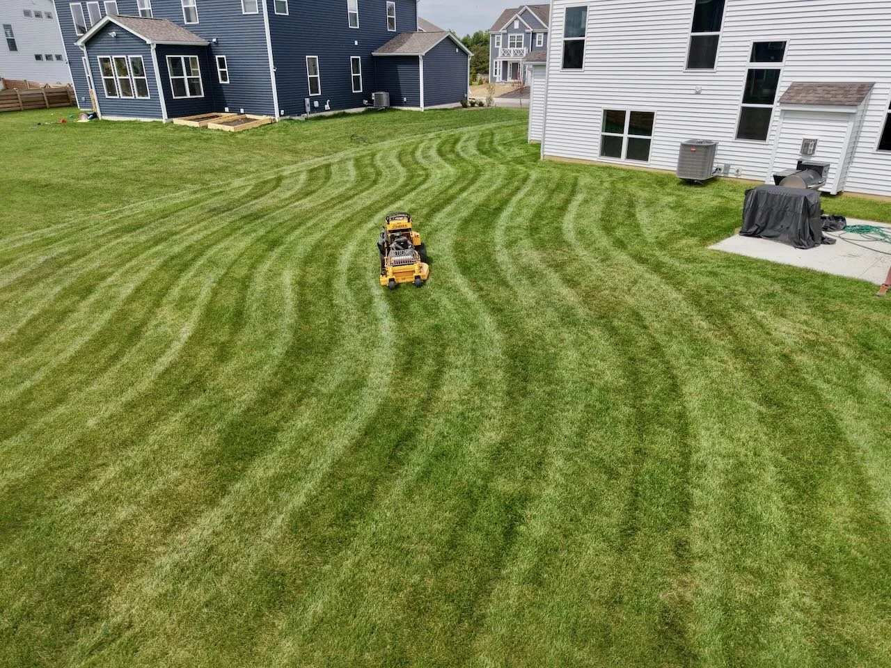 A backyard with freshly mowed grass and yard equipment on the lawn. Two houses with white and blue siding are visible in the background.