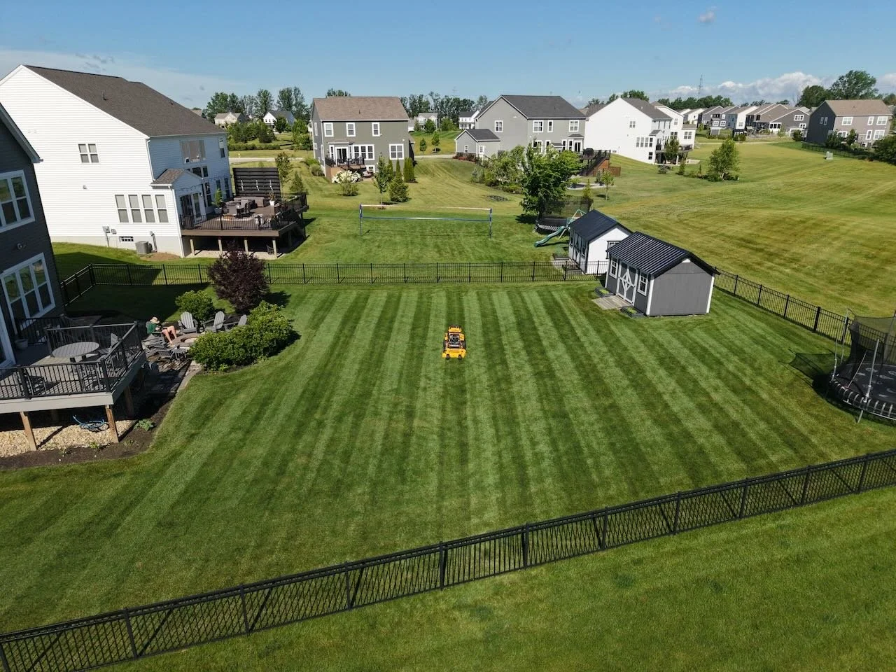 A backyard with a freshly mowed lawn, outdoor furniture on a deck, small sheds, and a trampoline, surrounded by a black fence, in a suburban neighborhood with houses and open grassy areas.