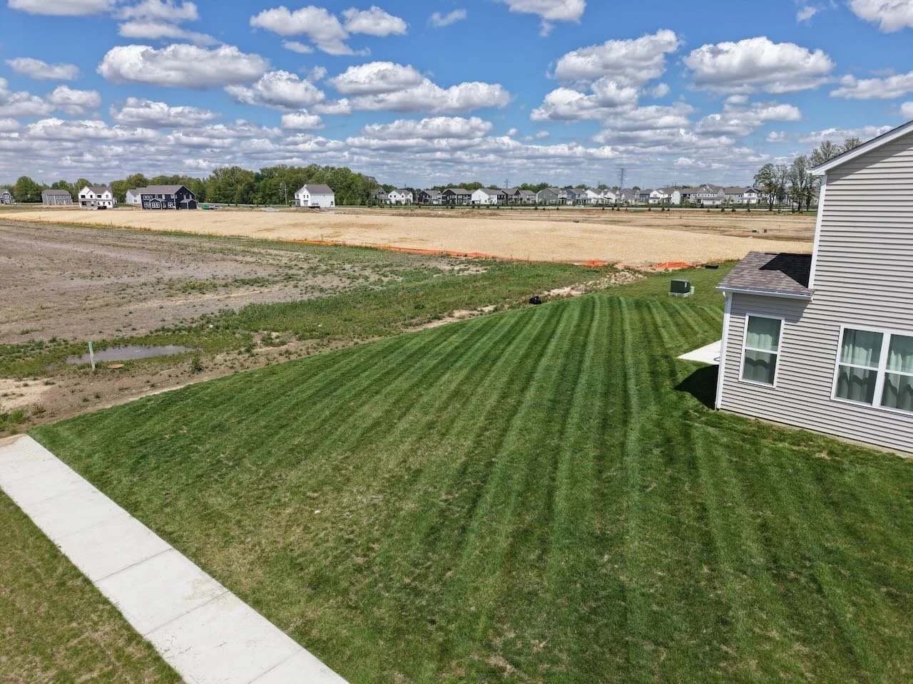 A suburban backyard with freshly mowed green grass and a concrete sidewalk, neighboring a new development area with sparse soil and construction orange barriers in the distance, under a partly cloudy sky.