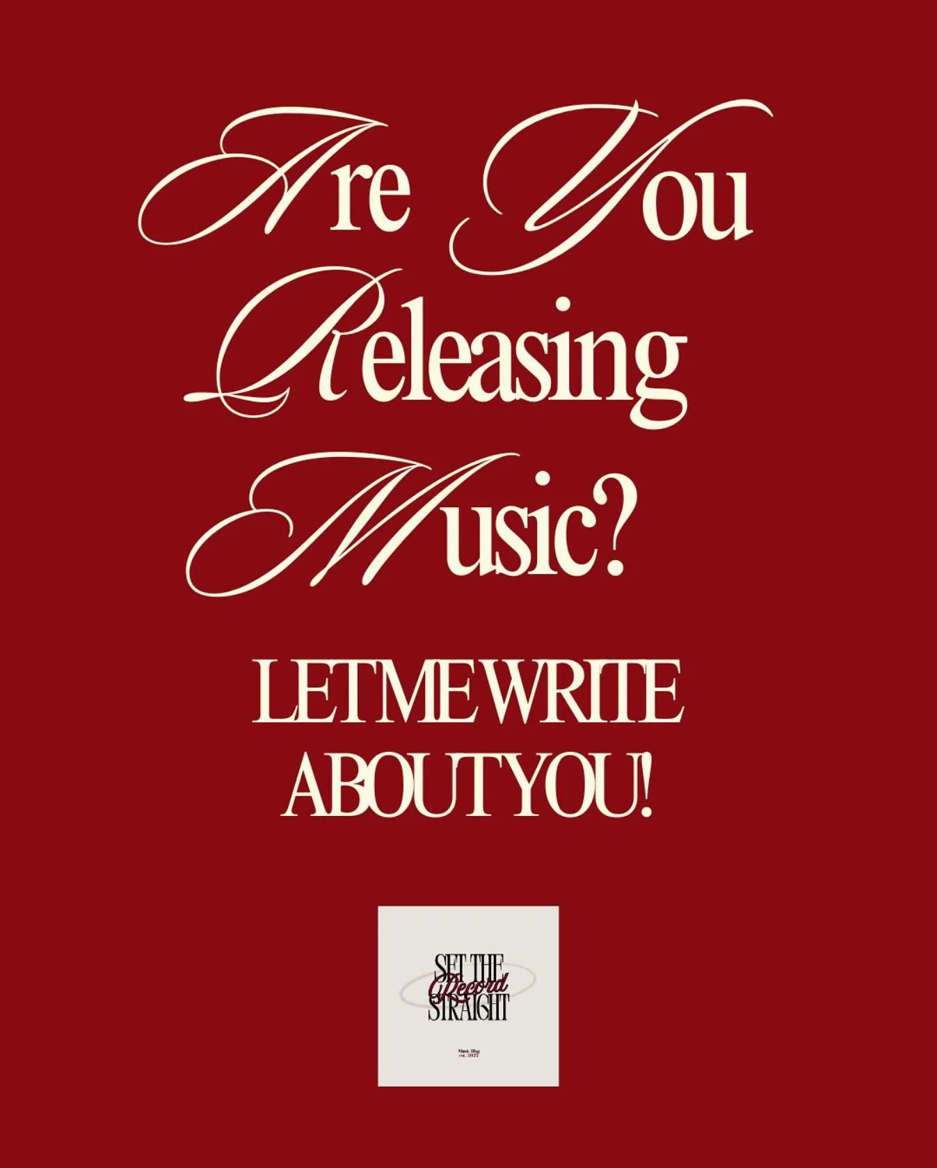 Dropping new music soon? &thinsp;🎵
&thinsp;
Drop me a message!! &thinsp;
I&rsquo;m looking for the latest tracks to spotlight on my brand new blog! &thinsp;🕺
&thinsp;
Let&rsquo;s Set the Record Straight together! &thinsp;✨
&thinsp;
#newmusic #indep