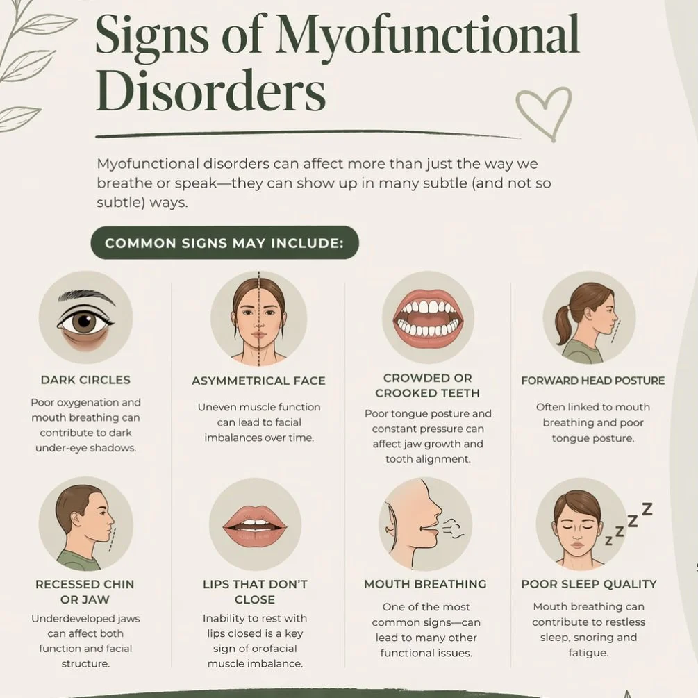 Did you know Orofacial Myofunctional Disorders can show up in many different ways? From daily struggles to painful symptoms, it's time to talk about it! 🤍