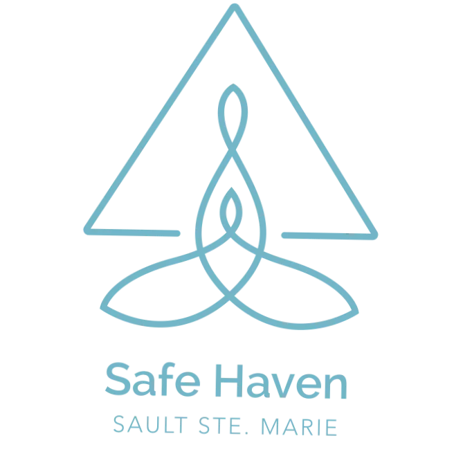 Logo of Safe Haven St. Louis St. Louis, featuring a stylized triangle with a knot design in front and the text "Safe Haven" and "St. Louis, St. Marie" underneath.