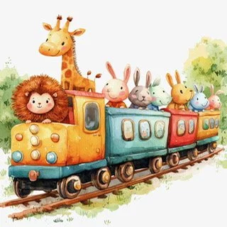 Cartoon train with giraffe, lion, and several rabbits and mice riding in colorful train cars, outdoors with trees and grass.