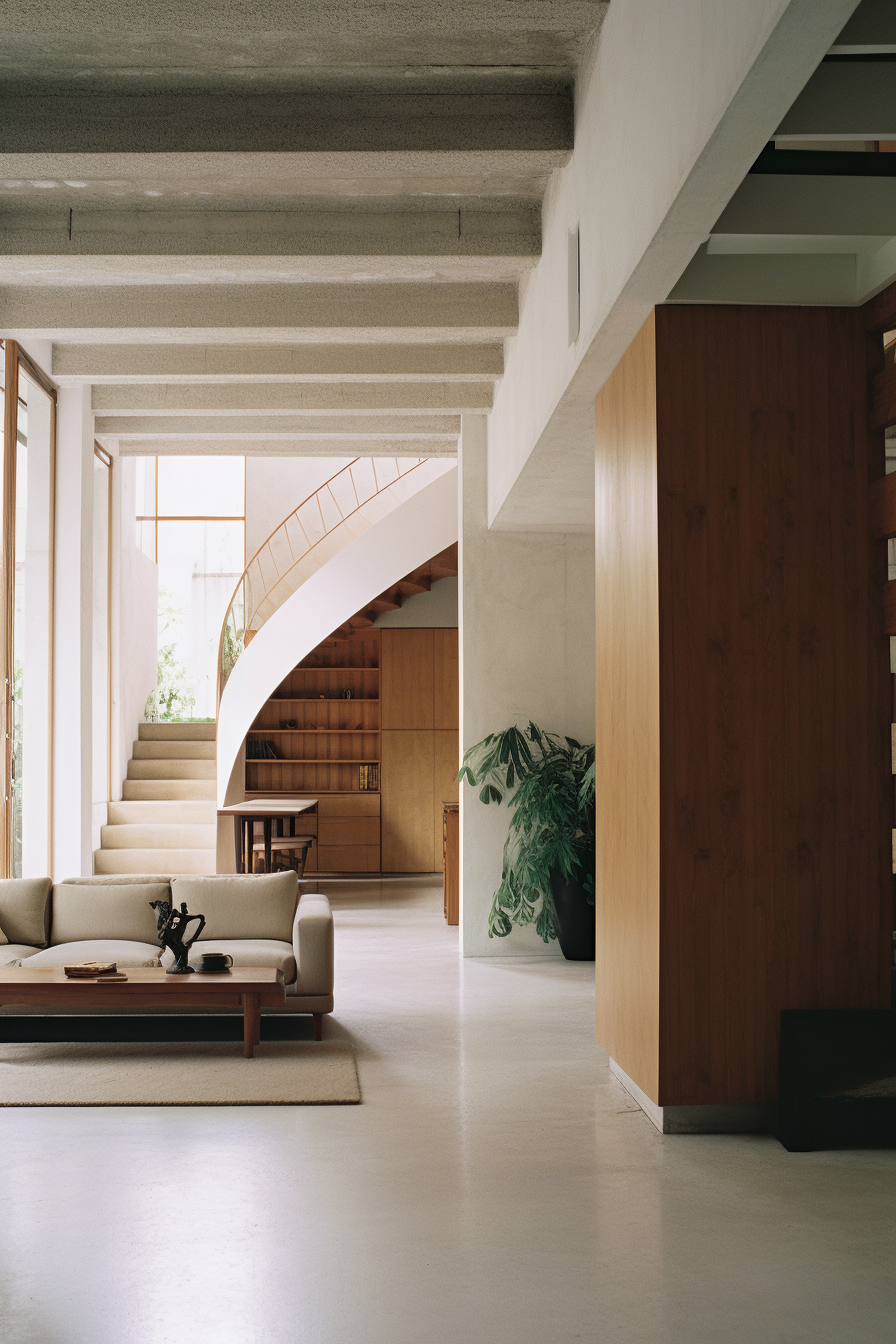 Interior of a modern home with a beige sofa, a wooden coffee table with decorative items, a potted plant, a staircase with wood steps and a curved handrail, and large windows allowing natural light.