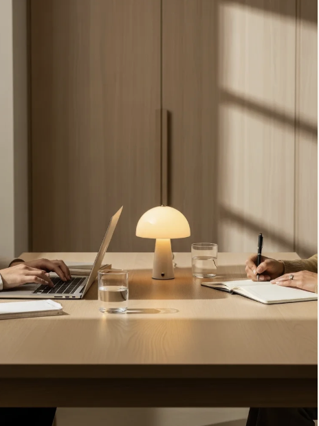 Two people working at a wooden table with a lamp, two glasses of water, a laptop, and a notebook with a pen. One person is typing on the laptop, and the other is writing in the notebook. Sunlight streams through window blinds, casting shadows.