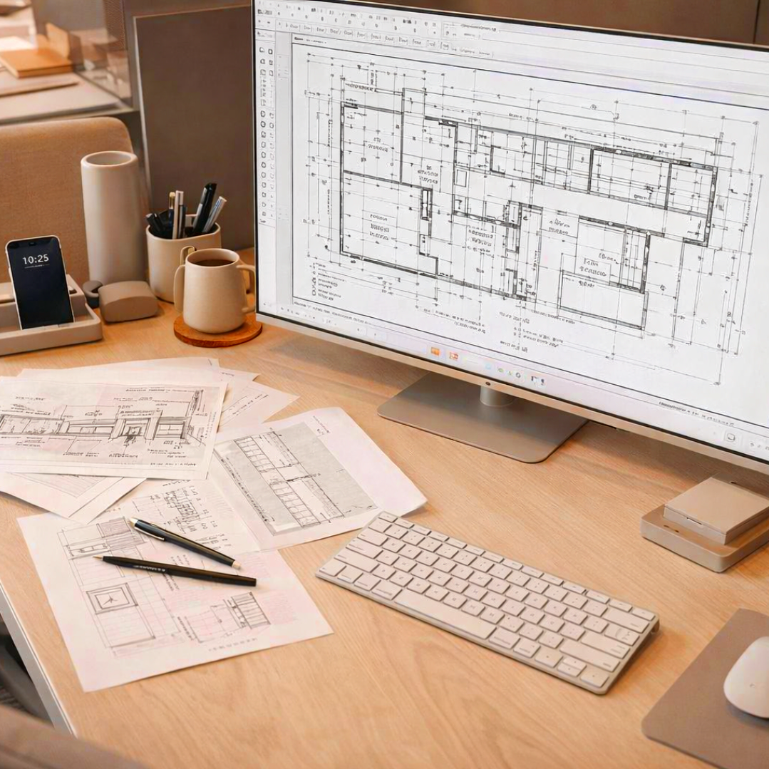 Architectural blueprints on a computer screen and paper plans on a wooden desk, with pens, coffee mugs, and office supplies.