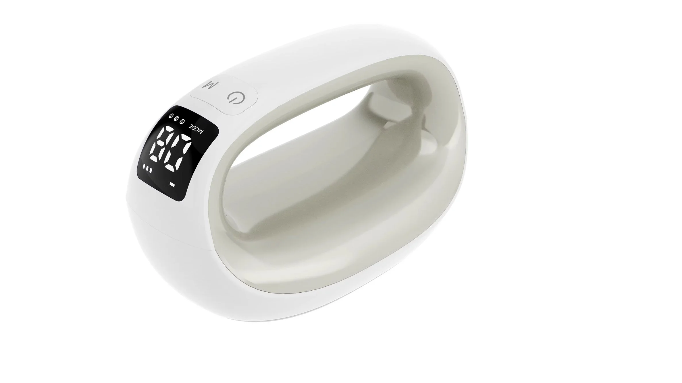 A white infrared thermometer with a digital LED display showing 98 degrees and buttons labeled 'W' and 'G'.