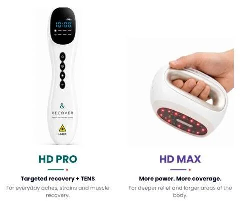 Hand holding a white device with LED lights, next to a white handheld device with a digital display and buttons, both labeled for muscle recovery and pain relief.
