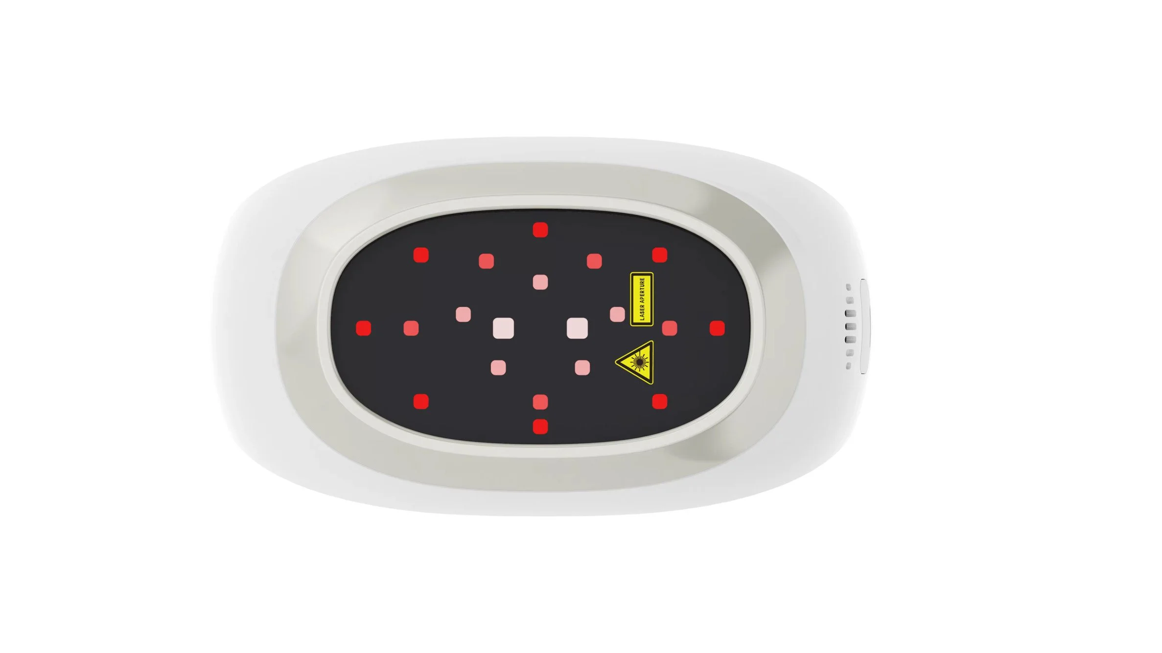 A medical or laser device with an oval display showing red and pink pixels and warning labels indicating laser exposure.