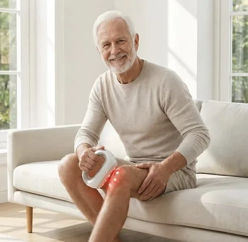 Older man sitting on a couch using an infrared heating pad on his knee, smiling.